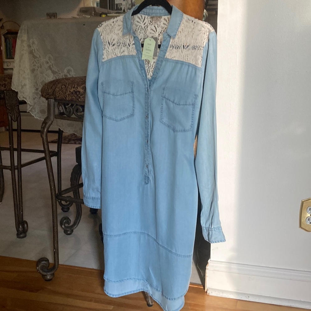 Anthropologie Light Blue Dress with White Lace